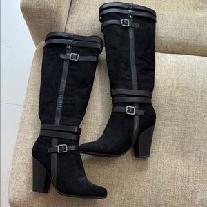 JustFab Black Heeled Buckle Boots